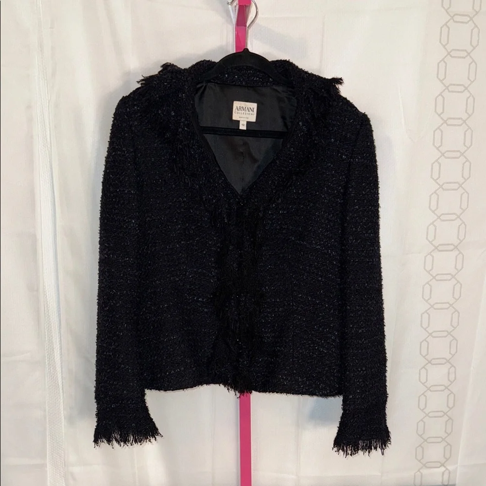 Armani Collezioni Women's Black & Navy Tweed Wool‎ Blend Textured Blazer